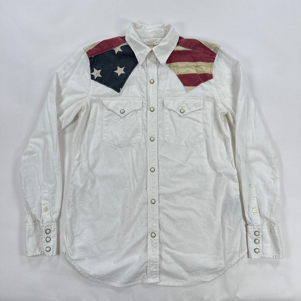 Denim & Supply Ralph Lauren Mens Shirt S White American Flag Western Pearl Snap